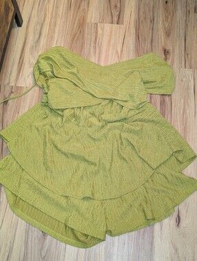 Shein Curve Green Textured Off Shoulder Ruffle Romper Cottagecore Boho